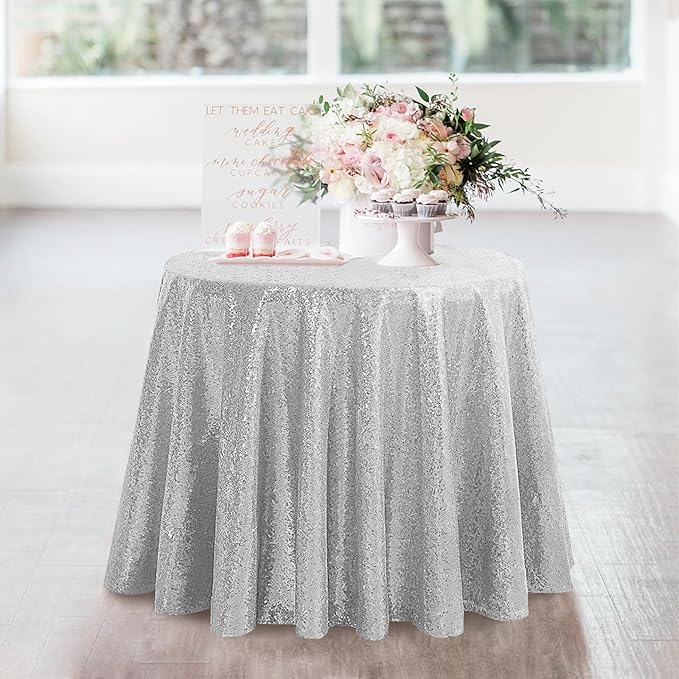 OQSQ Silver 50" Round Sequin Tablecloth, Glitter Tablecloth for Bridal Shower Decorations, Birthday, Wedding, Dessert, Banquet（50X50 inch Round,Silver.