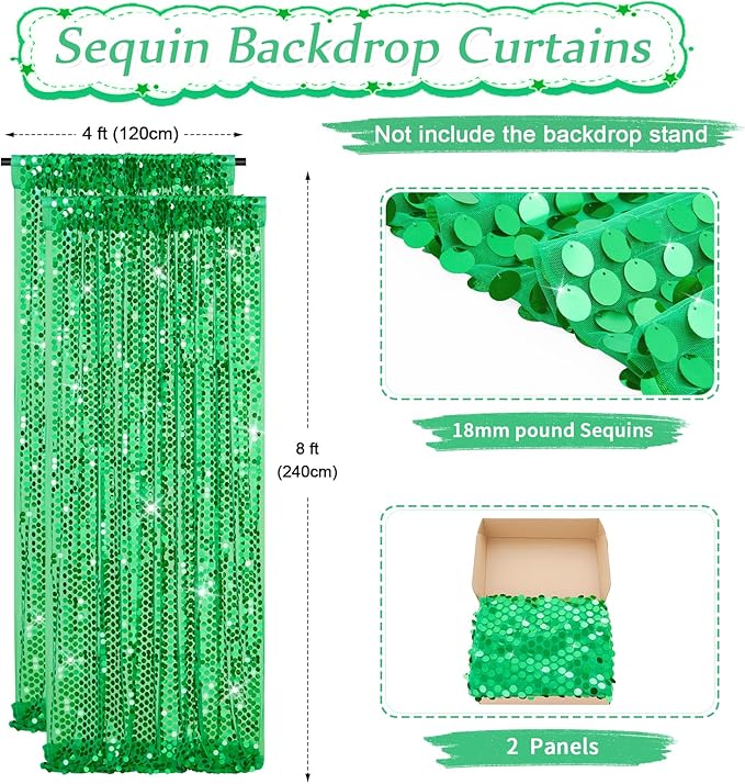 2 Packs 4x8FT Green Sequin Backdrop Curtains Glitter Background Graduation Backdrop Class of 2025 Wedding Party Birthday Decor
