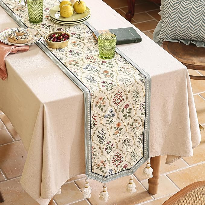 ISAENNE Designer Vintage Elegant Linen Table Runner 71 Inches Long,Colorful Wildflower Pattern Runner,Decor Table Runners for Dining Tables,Thanksgiving,Christmas,Banquet,12"*71"-Serenity B