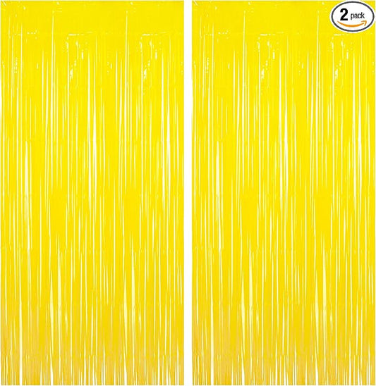BRAVESHINE Foil Fringe Curtain Backdrop - 2 Pack Yellow Tinsel Photo Booth Backdrop Party Streamers for Easter, Birthdays, Christmas, Lemon, Pineapples, Kids' Party Decorations
