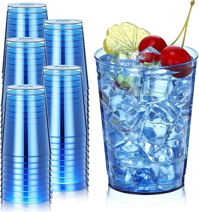 Minatee 100 Count Plastic Cups Disposable Fancy Cups Heavy Duty Wine Cocktail Glasses for Halloween Wedding Christmas Birthday Party Supplies Plastic Drinking Tumblers(Blue,10 oz)