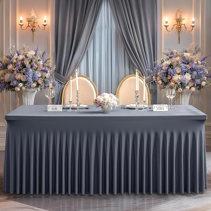 Wish Care 2 Pack Gray Spandex Table Clothes for 8 Foot Rectangle Tables, 8FT Wrinkle Free Fitted Tablecloths Ruffles Design Table Cover for Party, Banquet, Wedding and Events