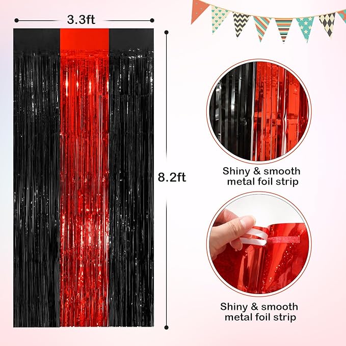 Black Red Metallic Tinsel Foil Fringe Curtains, 4 Pack 3.3x8.3 Feet Streamer Curtains for Birthday Party Decorations, Halloween Decor, Foil Curtain Backdrop for Bachelorette Party