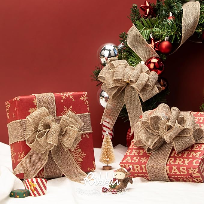 Ribbli Burlap Ribbon Continuous 20 Yard 1.5 Inch Natural Wired Ribbon for Wreaths,Big Bows,Tree Decoration,Outdoor Decoration