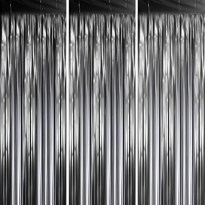 3 Pack 3.3 x 8.2 ft Matte Black Foil Fringe Backdrop Curtains,Gray Tinsel Streamers Party Decorations, Fringe Backdrop, Door Shimmer for New Years, Halloween, Black Theme Party