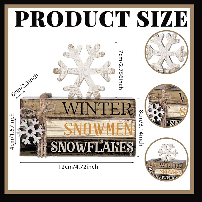 4 Pcs Winter Table Decorations Snowmmen Tiered Tray Decorations Christmas Mini Snowflake Wooden Books Signs for Office Shelf Classroom Tabletop Bookshelf