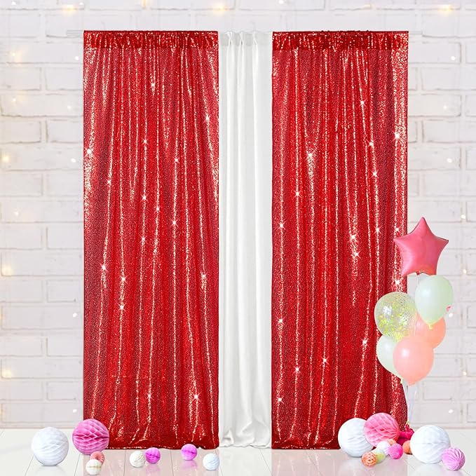 Eternal Beauty Red Sequin Backdrop Curtains, Valentine's Day Shimmer Back Drop 2Panels-3FTx7FT for Christmas, Party, Birthday, Photography, Wedding, Baby Shower Event Decoration