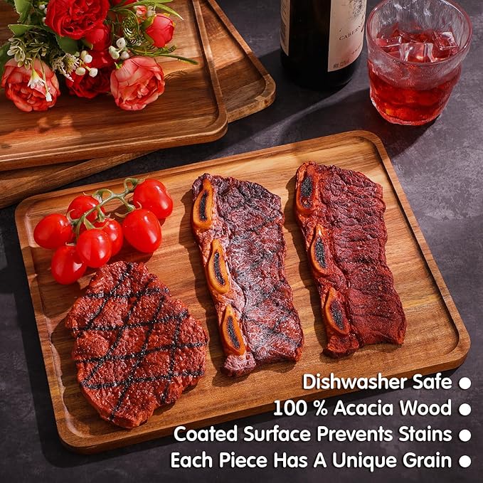 Roowest 5 Pack Solid Acacia Wood Serving Trays for Laser Engraving Rectangular Wooden Board for Food Appetizer Serving Tray Plates for Vegetables Fruit Cheese Housewarming Gifts(14 x 10 Inch)
