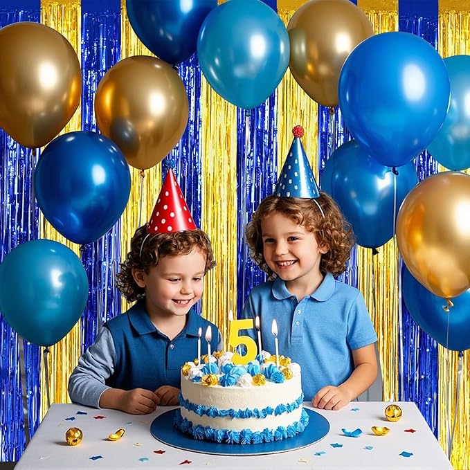 BEISHIDA 2Pcs Blue Gold Door Streamers Congrats Grade 2025 Decoration Backdrop Foil Fringe Tinsel Party Streamers Curtains Backdrops for Birthday 2025 Graduation Baby Shower(3.28 ft x 6.56 ft)