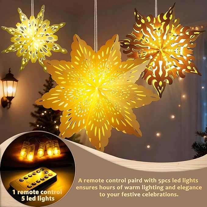 5Pcs Christmas Paper Snowflake Lanterns, Large Christmas Paper Star Lanterns with LED Lights White Beige Khaki Hanging Snowflake Lamps for Xmas Winter Frozen Wedding Birthday Holiday Party Decorations