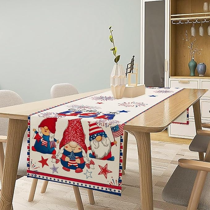 Cute Patriotic Gnomes Table Runner, American Independence Day 4th of July Gnome Blue Red Fireworks Confetti Print Table Runner for Home Kitchen Dining Table Party Decor, 13x108inch