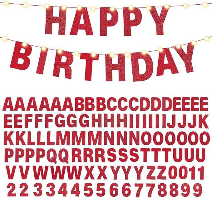 TaoBary 112 Pcs DIY Letter Kit Glitter Customizable Banner Letters Include 107 Letters and Numbers 3 Rope and 2 Needles for Birthday Halloween Christmas Wedding Valentine Party Decor(Red)