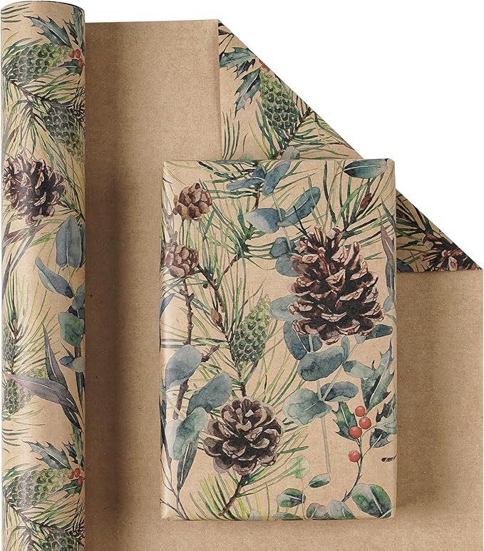 RUSPEPA Kraft Christmas Wrapping Paper Roll, Mini Roll, Watercolor Pinecone and Eucalyptus Leaf Design, Kraft Gift Wrap for Christmas, Winter Holiday Party, Rustic Natural Theme, 17 Inches x 16.4 Feet