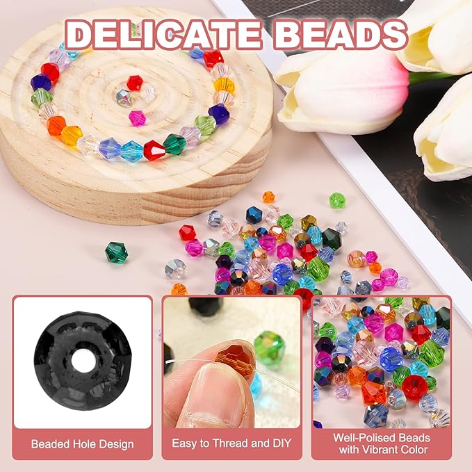 PATIKIL 1000pcs 3mm Bicone Glass Crystal Beads, Faceted Glass Spacer Beads with Box for Jewelry Making Bracelet Necklace Earrings DIY Suncatcher Craft, Black