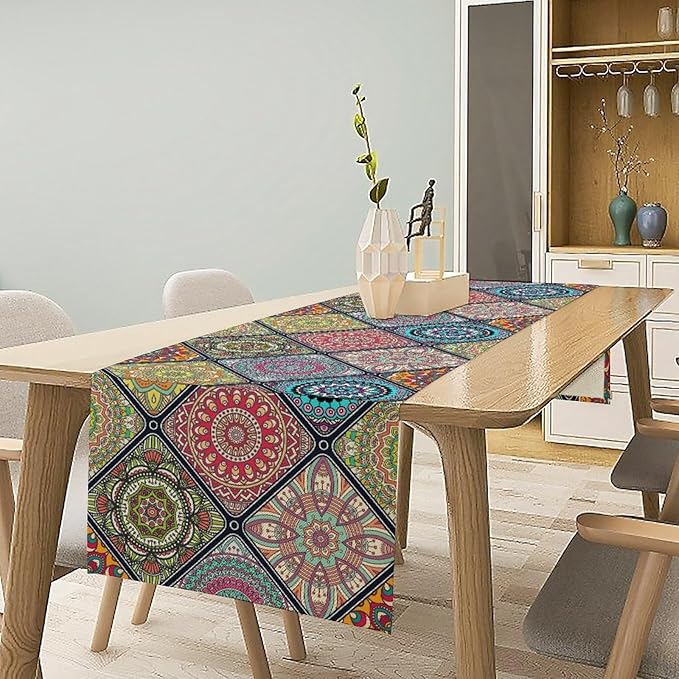 Boho Bohemian Table Runner, Vintage Indian Floral Print Table Cover for Farmhouse Kitchen Dining Table Decor Holiday Party, 13x70inch