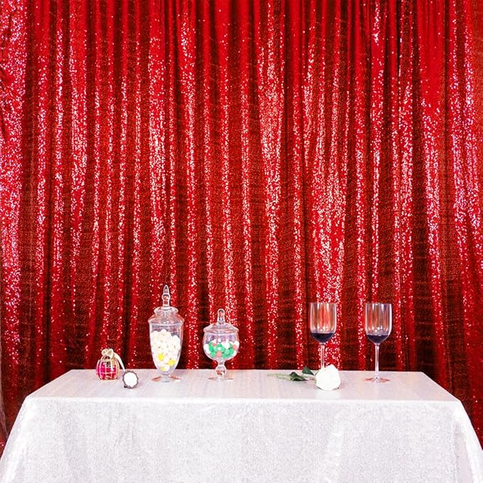 SquarePie Sequin Backdrop Curtain Not See Through Thick Glitter Background for Party 7FT x 7FT Red