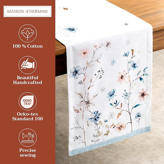 Maison d' Hermine Table Runner 100% Cotton Single Layer Table Runners 72 inches Long for Thanksgiving Christmas Decorations Home Kitchen Dining Party Wedding (Ice Florals, 14.5" x 72")
