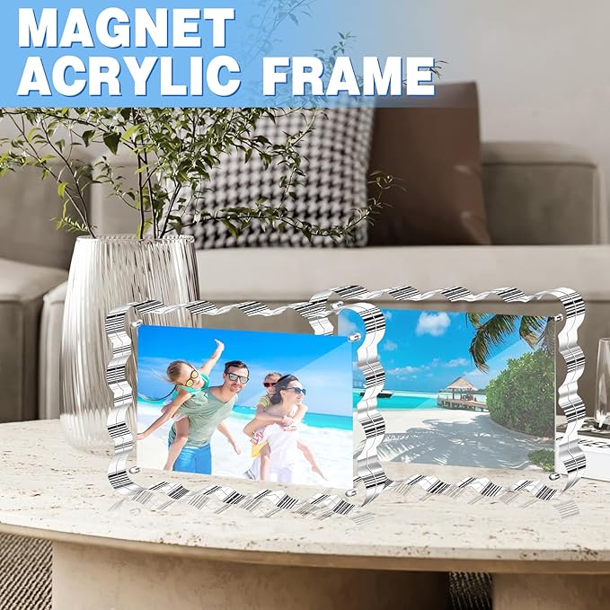 Aheroi 5x7 Acrylic Photo Frames, 3 Pack Clear Picture Sign Holder Freestanding Magnetic Scalloped Picture Frames for Desktop Display, Thickened Frameless Double Sided Acrylic Sign Holder, No Instal