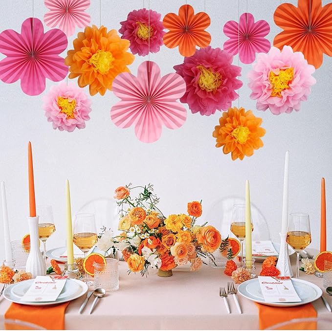 12PCS Paper Flowers Fans Orange and Hot Pink Party Decorations Tissue Paper Flowers Decorations for Girl Groovy Birthday Baby Shower Wedding Bachelorette Room Wall Hanging Décor