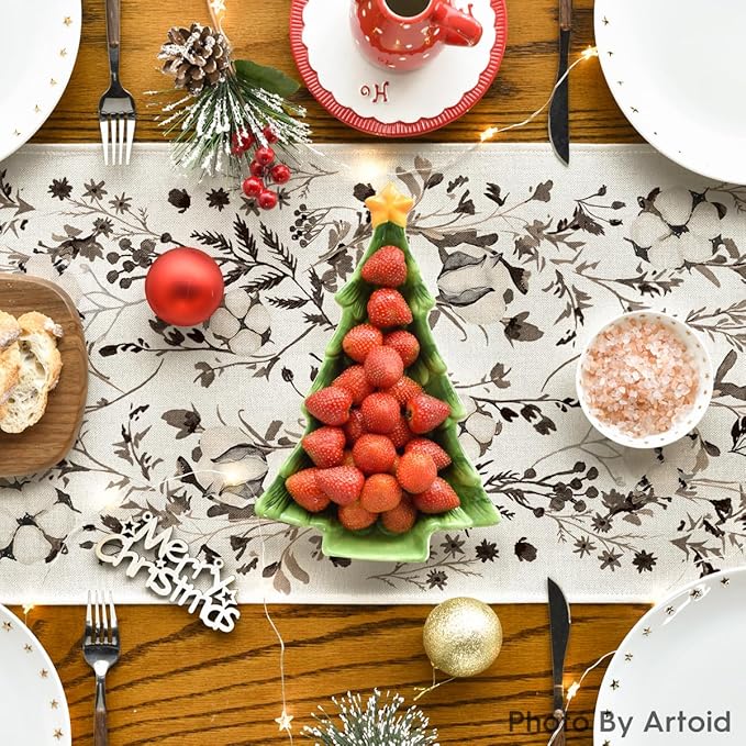Artoid Mode Leaves and Flowers Cotton 210 GSM Winter Table Runner, Seasonal Christmas Kitchen Dining Table Decoration for Home Party Decor 13x108 Inch