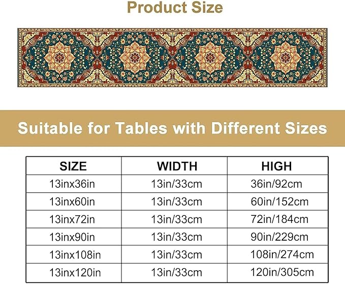 Boho Rich Table Runner, Vintage Blue Teal Gold Retro Flower Rustic Country Style Floral Print Pattern for Home Kitchen Table Decor Dining Coffee Room Garden Party Decor 13x120in