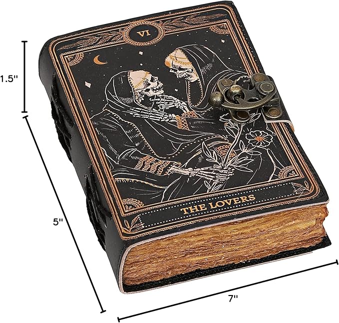 cuero Book of Spells Leather Journal Deckle Edge Paper Grimoire Printed Journal The Lovers Tarot Notebook Spiral Gothic Notebook Skull lover Antique Vintage Leather Journals for Men and Women