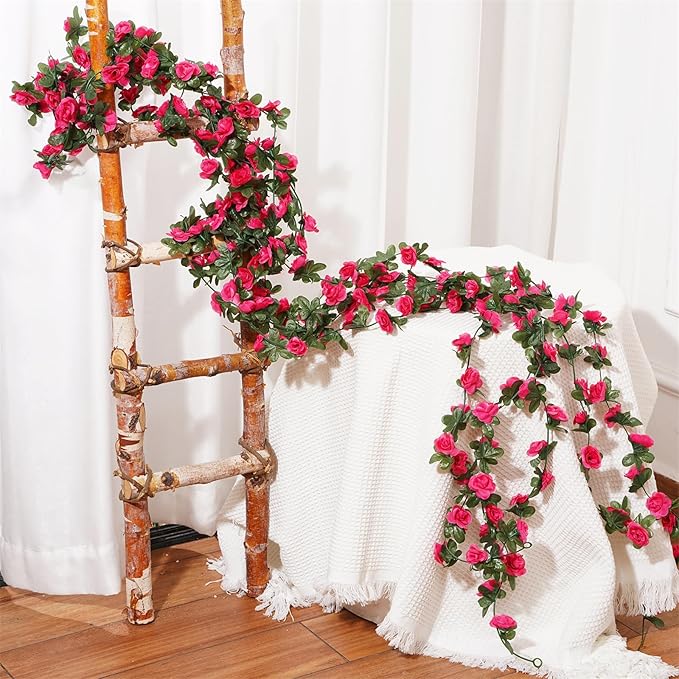 10 Pcs 82FT Flower Garland, Artificial Rose Garland Flowers Plants Fake Flower Hanging Rose Ivy, Birthday Party Valentine's Day Wedding Wall Arch Decor（Fuchsia）
