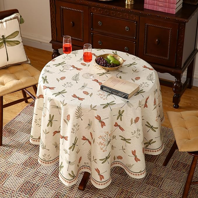 ISAENNE Designer Floral Linen Round Tablecloth,French Off White Elegant Table Cloth,Fall Washable Home Decor Tablecloths for Dining Thanksgiving Kitchen Christmas Party,Diameter 67"-Grace B
