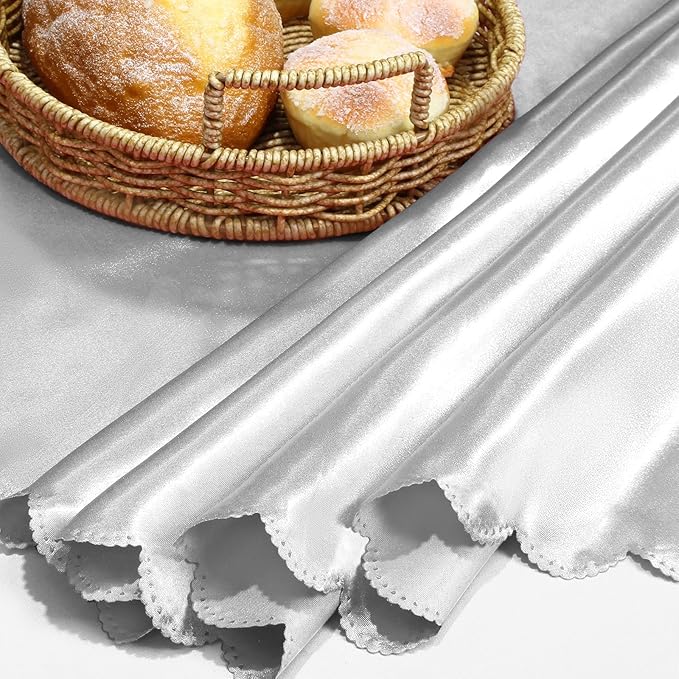 KKJIAF 1 Pack Round Table Cloths 90 Inch, Silver Overlay Round Satin Table Cover, Silky Satin Dining Tablecloths for Wedding Buffet Parties Banquet Decoration