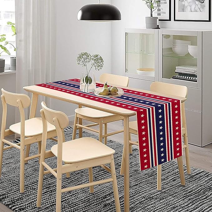 4th of July Table Runner, USA Flag Stars Stripes American Independence Day Red Blue White Stars Lines Print Table Cover for Farmhouse Kitchen Indoor Outdoor Home Party, 13x108inch