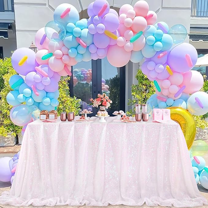 QueenDream Iridescent Mermaid Themed Party Decorations: 90x90 Inch Sequin Table Cloths White Birthday Tablecloth Glitter Fabric Overlay