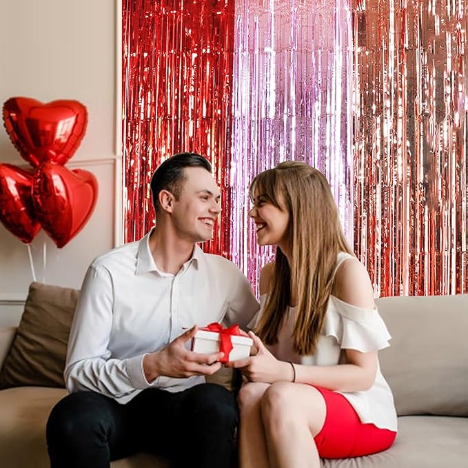 TONIFUL Valentine's Day Door Streamers,Red Pink and Rose Gold Photo Booth Backdrop Metallic Streamers Foil Fringe Curtain for Birthday Valentine's Day Bridal Shower Engagement Party Decoration