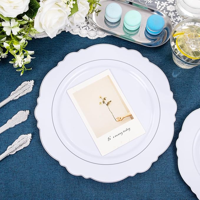 Liacere 350PCS Silver Plastic Plates-Disposable White and Silver Plates 50guest Baroque Plastic Dinnerware Set include 100Plates, 50Pack Pre Rolled Napkins with Silverware 50Cups Perfect for Chrismas