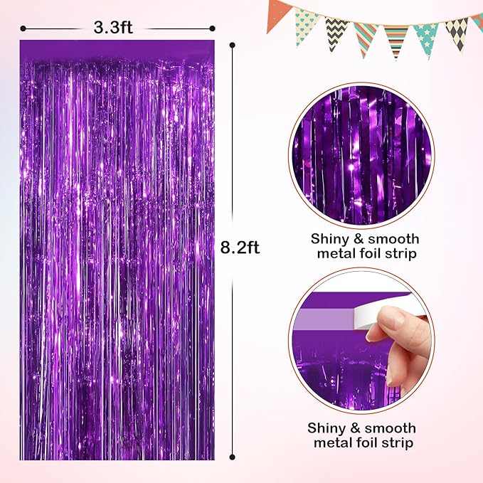 Purple Metallic Tinsel Foil Fringe Curtains, 4 Pack 3.3x8.3 Feet Party Streamer for Birthday Party Decorations, Halloween Decor, Foil Curtain for Bachelorette Party