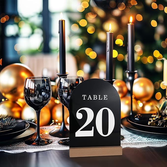 Wedding Table Numbers 1-20, Acrylic Arch Signs with Natural Wood Stands Holders, Rustic Table Decor for Reception & Parties (Black White)