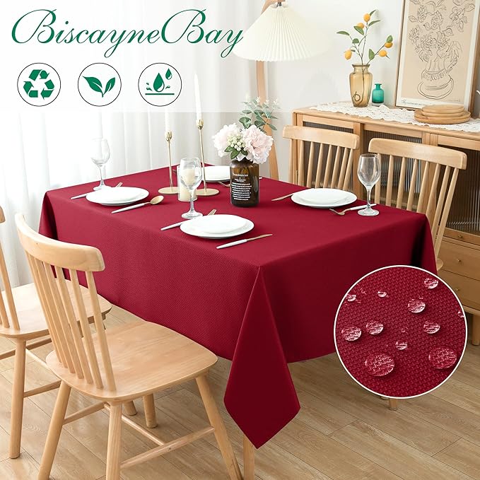 Biscaynebay Textured Fabric Christmas Rectangle Table Cloth 90x156 Inch, Red Water Resistant Tablecloths for Dining, Kitchen, Wedding and Parties, Machine Washable