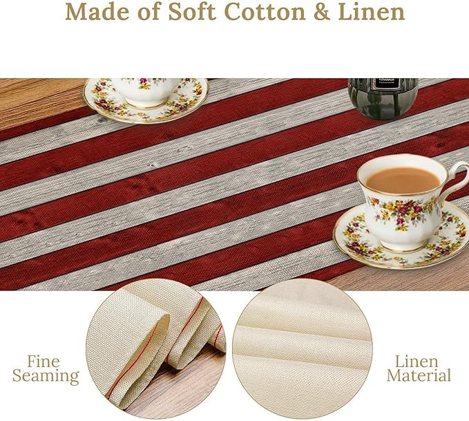 American Flag Table Runner, 4th of July USA Rustic Vintage Wooden Blue Red Stars Stripes Print Table Runner for Farmhouse Kitchen Dining Table Decor, 13x60inch