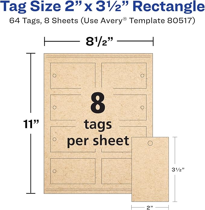 Avery Kraft Brown Rectangle Tags, Sure Feed Technology, 2" x 3.5", Laser/Inkjet Printable, 64 Total, Strings Included, Also Great for Gifts and Favors (80517)