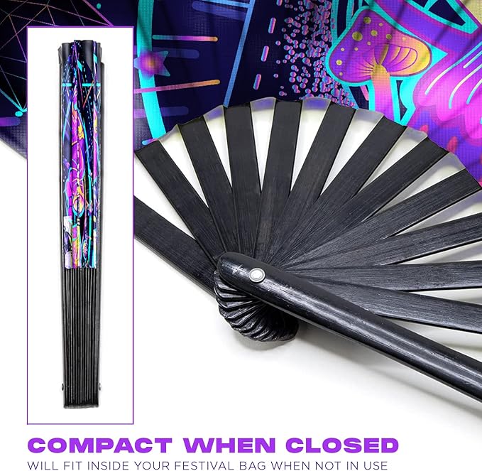 GloFX Rave Fan - UV Mushroom - Large Folding Fan - Music Festival Essential, EDM Rave Accessories, Folding Hand Fan, Clack Fan