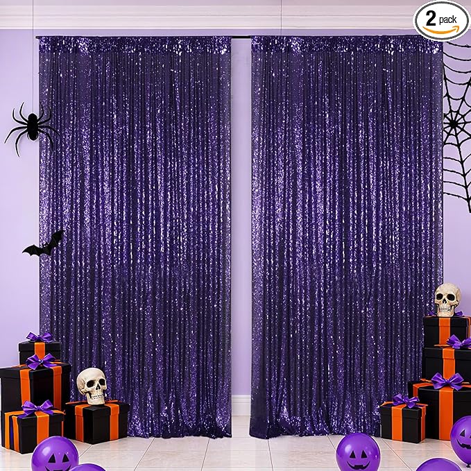 Poise3EHome Purple Sequin Backdrop Curtains, 2 PCS 5FT x 10FT Glitter Panels for Halloween Party Birthday Wedding Christmas Thanksgiving Holiday Festival Decor