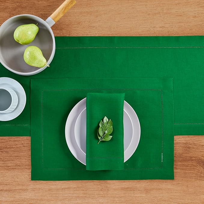 Solino Home Linen Table Runner 48 Inches - 100% Pure Linen Garden Green Hemstitch Table Runner 14 x 48 Inch Ideal for Dresser and Coffee Tables - Classic Hemstitch - Christmas