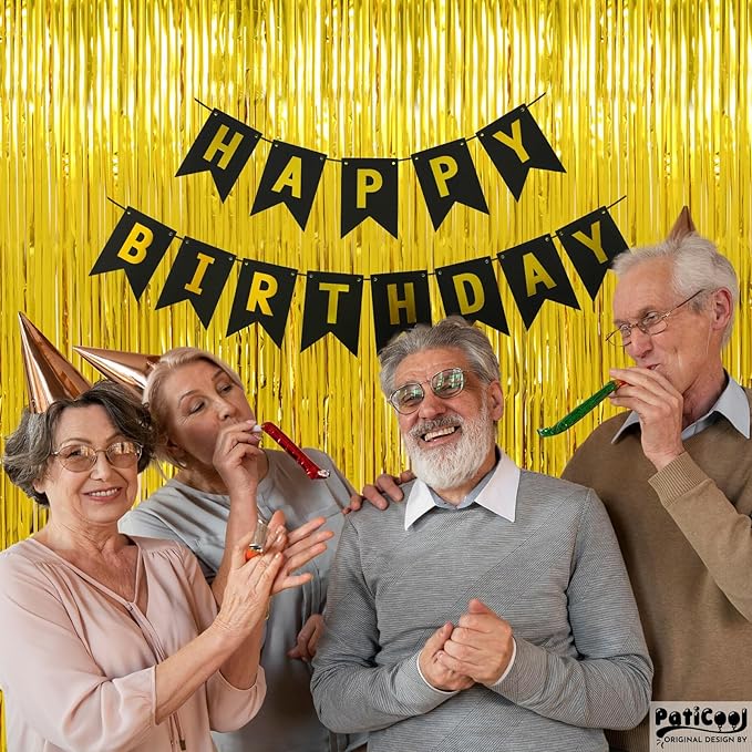 Christmas Decorations Gold Streamers Thicken 4 Pack 3.2 x 8.2 FT - Golden Tinsel Foil Fringe Backdrop Curtains Party Backdrop for Birthday, Prom, Hollywood, Anniversary Party Decorations