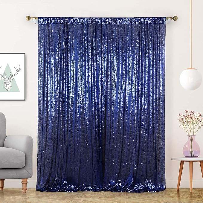 Navy Blue Sequin Backdrop Curtain 8FT x 8FT 1Panel Navy Glitter Photography Background Sequence Backdrop for Wedding Party Xmas Thanksgiving Holiday Festival Decor
