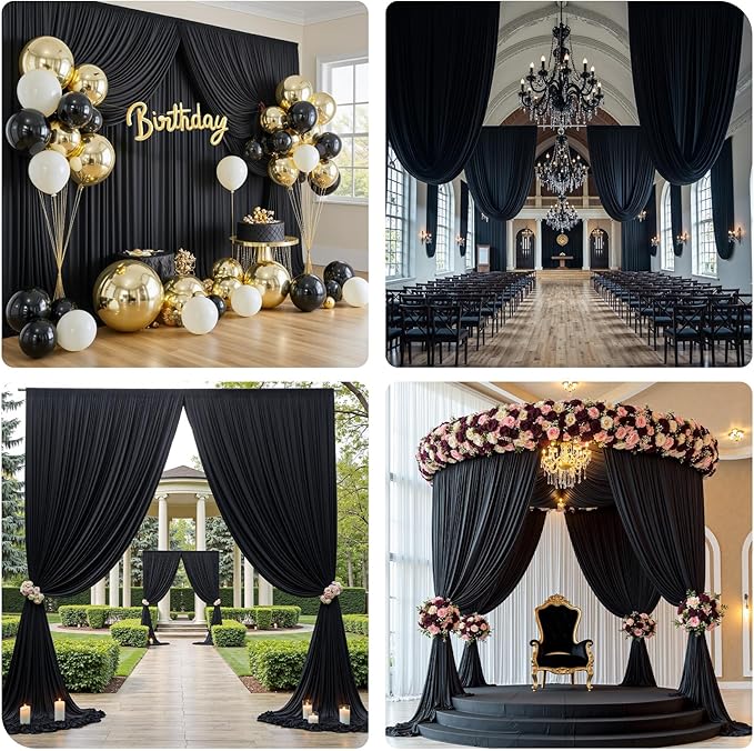 PartyVillage 60ft×15ft Black Backdrop Curtain for Halloween Parties, 12 Panels Wrinkle Free 15 FT Long Polyester Photo Backdrop Drapes Back Drop Cloth for Birthday Photography Background