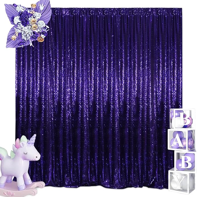 SquarePie Sequin Backdrop Curtain Not See Through Thick Glitter Background for Party 8FT x 10FT Purple