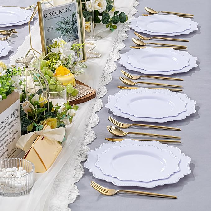 COLOSUS 100pcs 7.5 Inch White Plastic Dessert Plates,Heavy Duty Disposable Appetizer Plates,Premium Plastic Salad Plate,Fancy Disposable Cake Plate for Party, Wedding and Everyday Use