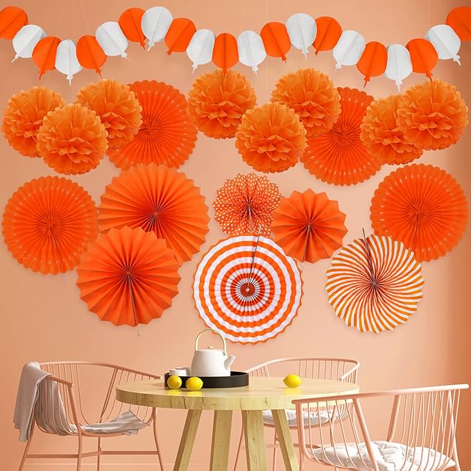 Orange Party Decorations, Papar Fans Pompoms Fans Garlands for Halloween Birthday Bridal Baby Shower Wedding Graduation Spring Festival Party Decorations