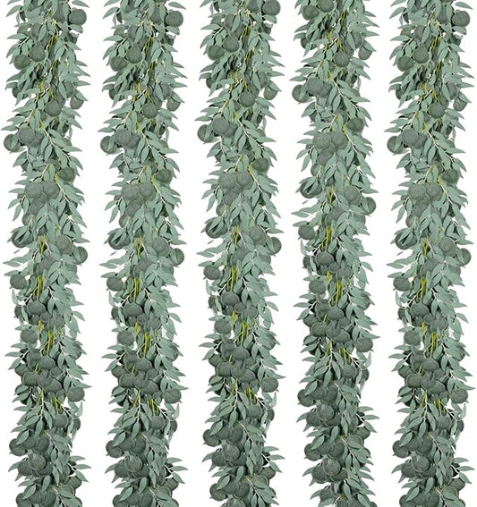 Kisflower 5 Pack 6.56FT Green Eucalyptus Garland for Decoration Table with Willow Leaves Greenery Garland Fake Hanging Plants Vines for Wedding Arch Decor Party Room Home Garden Office Wall Decor