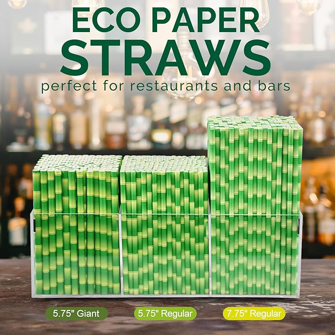 5.75" x 0.31" Green Bamboo Disposable Paper Drinking Straws for Short Drinks, Blended Cocktails, Margaritas, Smoothies, Milkshakes - Unwrapped [250 Counts]