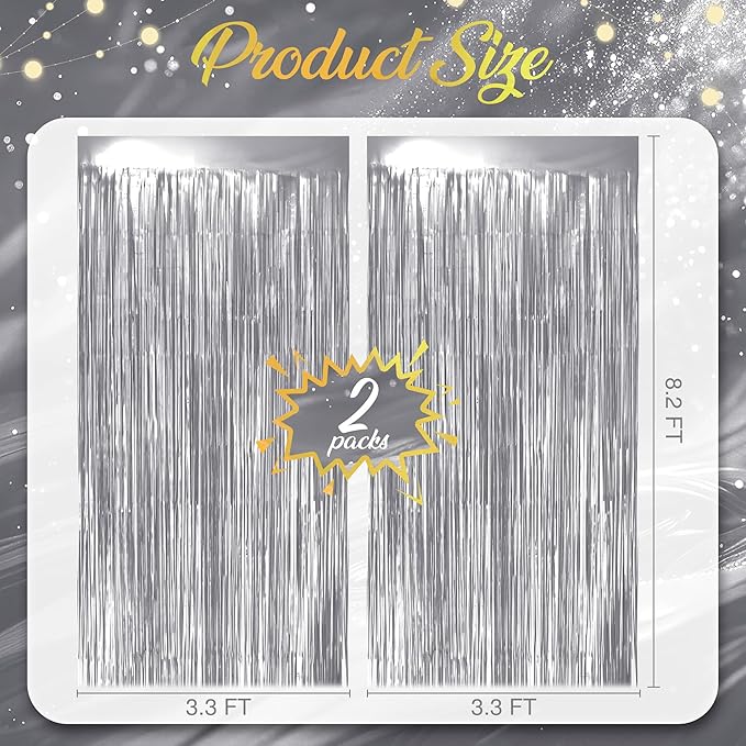 2 Pack Metallic Silver Fringe Backdrop, 3.2x8.2ft Shining Foil Tinsel Curtains, Birthday Party Decorations Door Streamers for Halloween, Christmas, Wedding, Graduation, Holiday, Theme Events